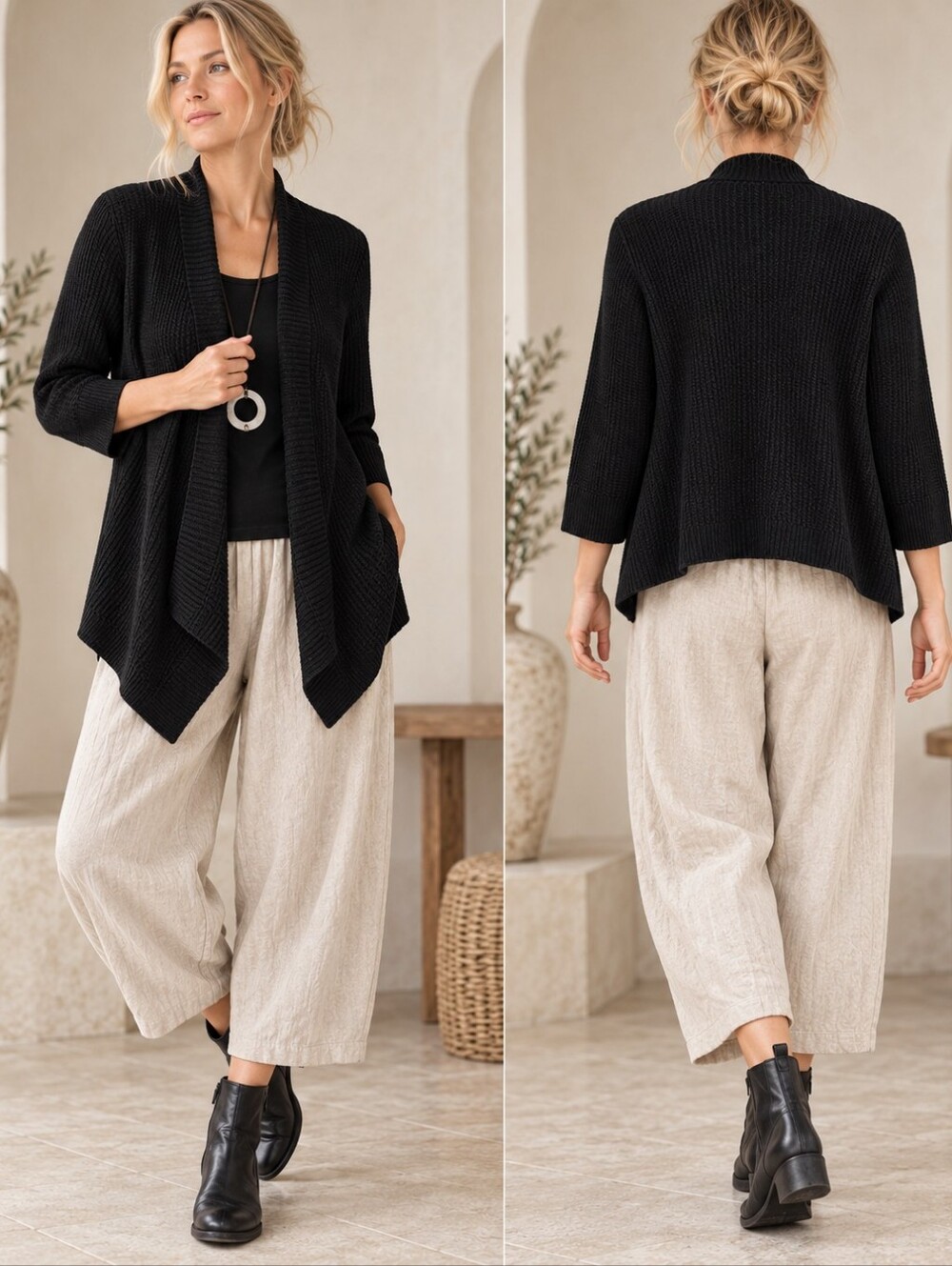EILEEN FISHER BLACK 100% WOOL OPEN FRONT CARDIGAN SWEATER SZ M